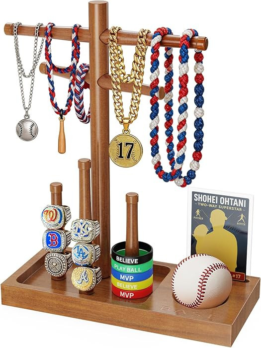 Acacia Wooden Baseball Softball Drip Necklace Organizer Holder 4 Pillars Rack Wood Championship R... | Amazon (US)