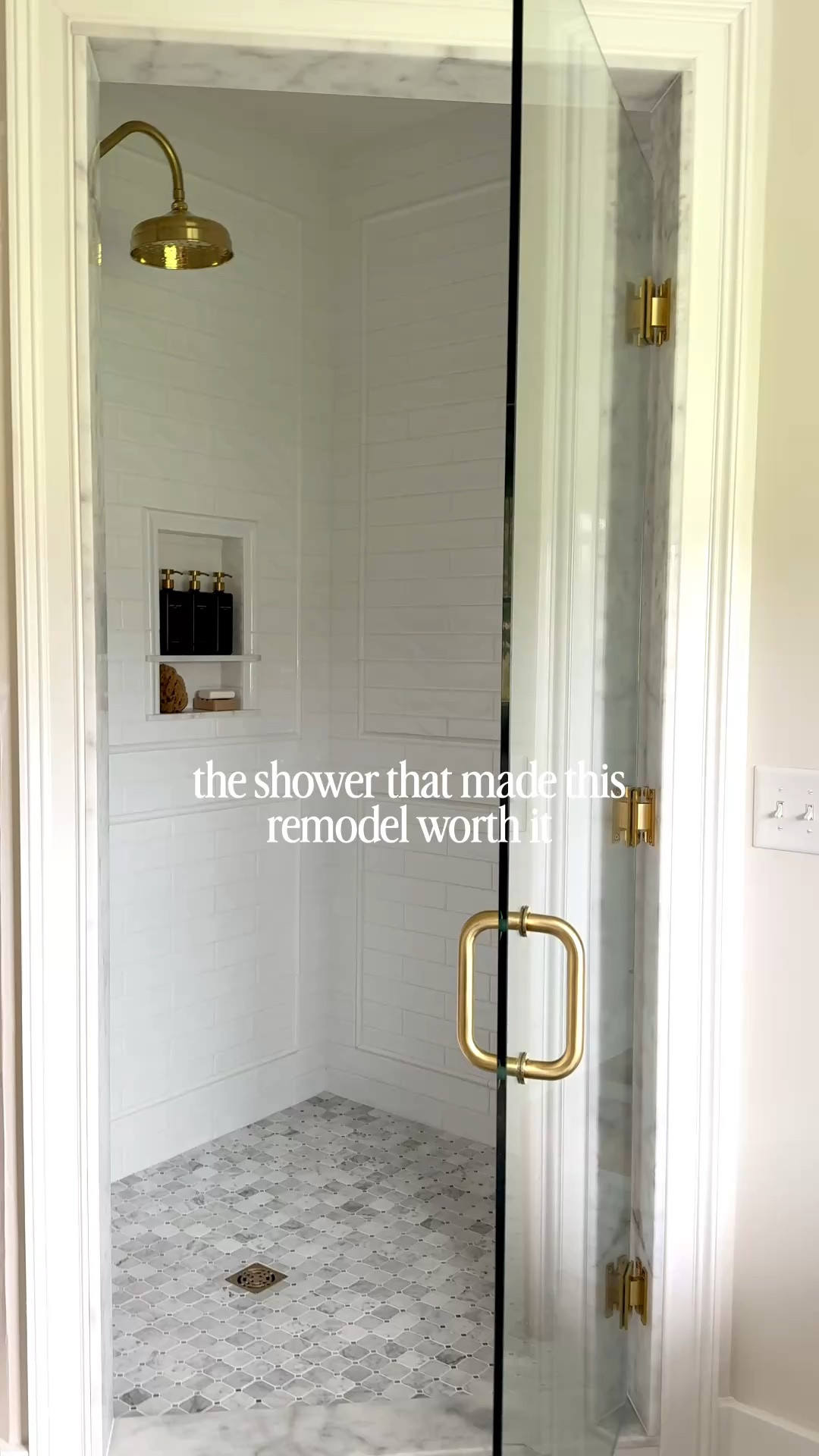 Shower remodel. From old dark and dingy to bright light and clean. White subway tile with pencil tile marble and brass. Teak shower bench

#LTKHome #LTKSeasonal #LTKdayinmylife