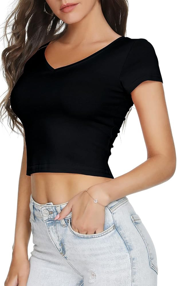 RightPerson Women's Basic Short Sleeve Crop Top Cotton Crop Tee Shirts | Amazon (US)