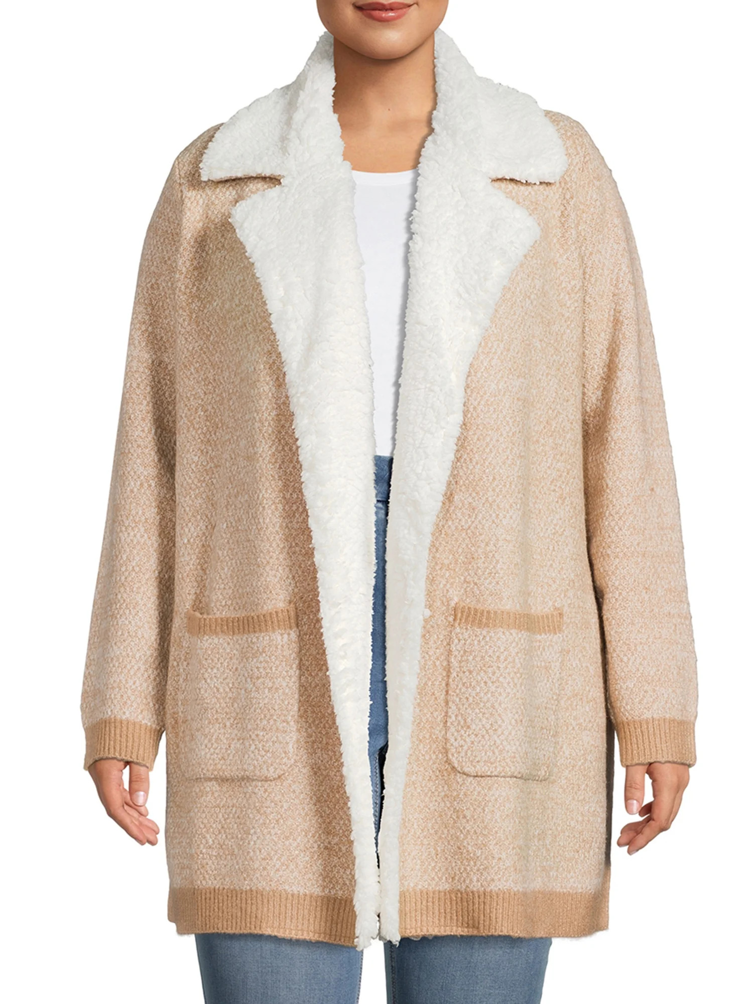 Absolutely Famous Women's Plus Size Faux Sherpa Collar Cardigan - Walmart.com | Walmart (US)