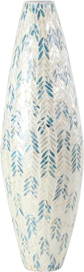 Deco 79 Mother of Pearl Handmade Tall Mosaic Vase with Blue Accents, 10" x 10" x 33", White | Amazon (US)
