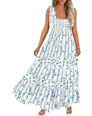 Women's Summer Maxi Dress Boho Spaghetti Straps Casual Long A-line Smocked Beach Dress Square Nec... | Amazon (US)