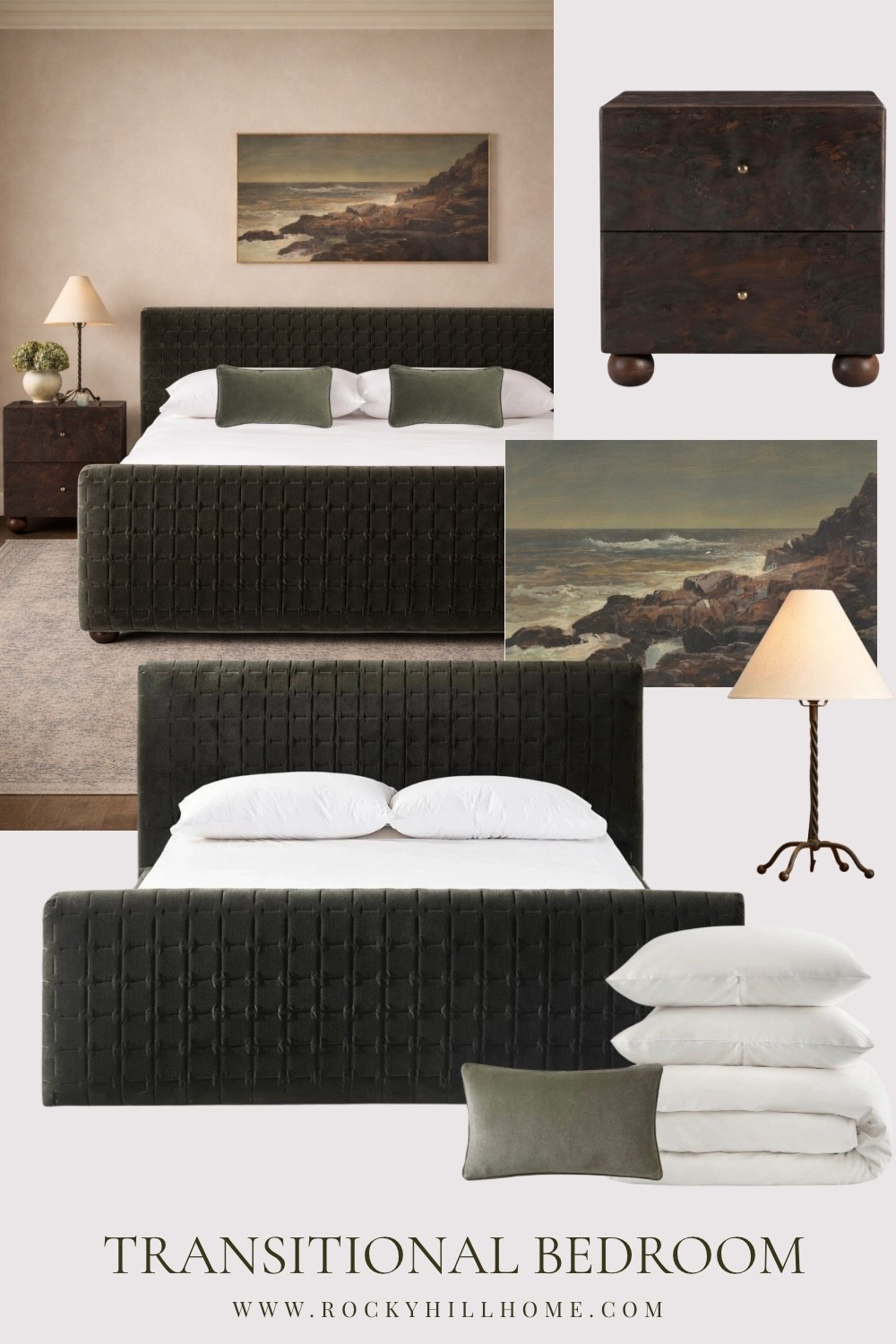 Moody Transitional Bedroom Decor Ideas | Dark Gray Velvet Bed & Burl Wood Accents

Transform your primary suite into a high-end sanctuary with this transitional bedroom mood board. This design features a stunning dark gray velvet quilt-tufted bed paired with the organic warmth of burl wood nightstands and vintage  seascape art.

#LTKHome