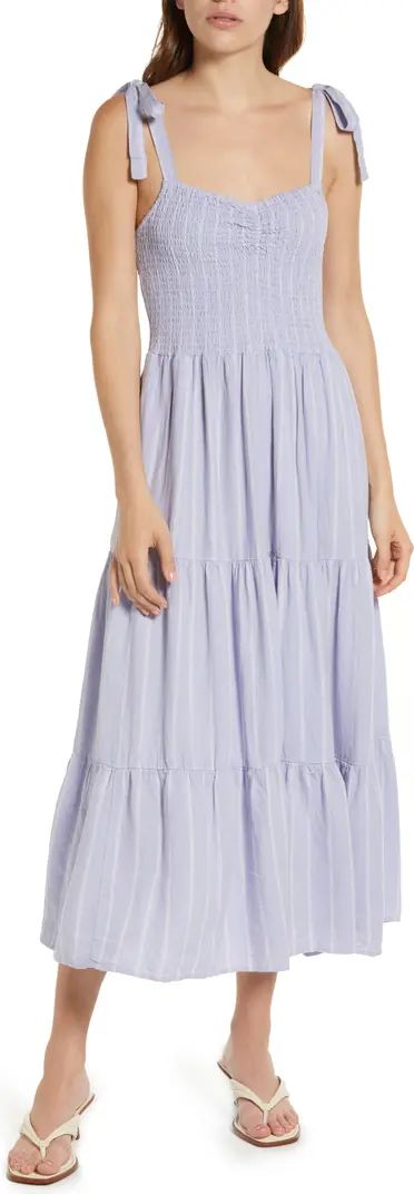 Madewell Lucie Stripe Tie Strap Tiered Linen Blend Midi Dress | Nordstrom | Nordstrom