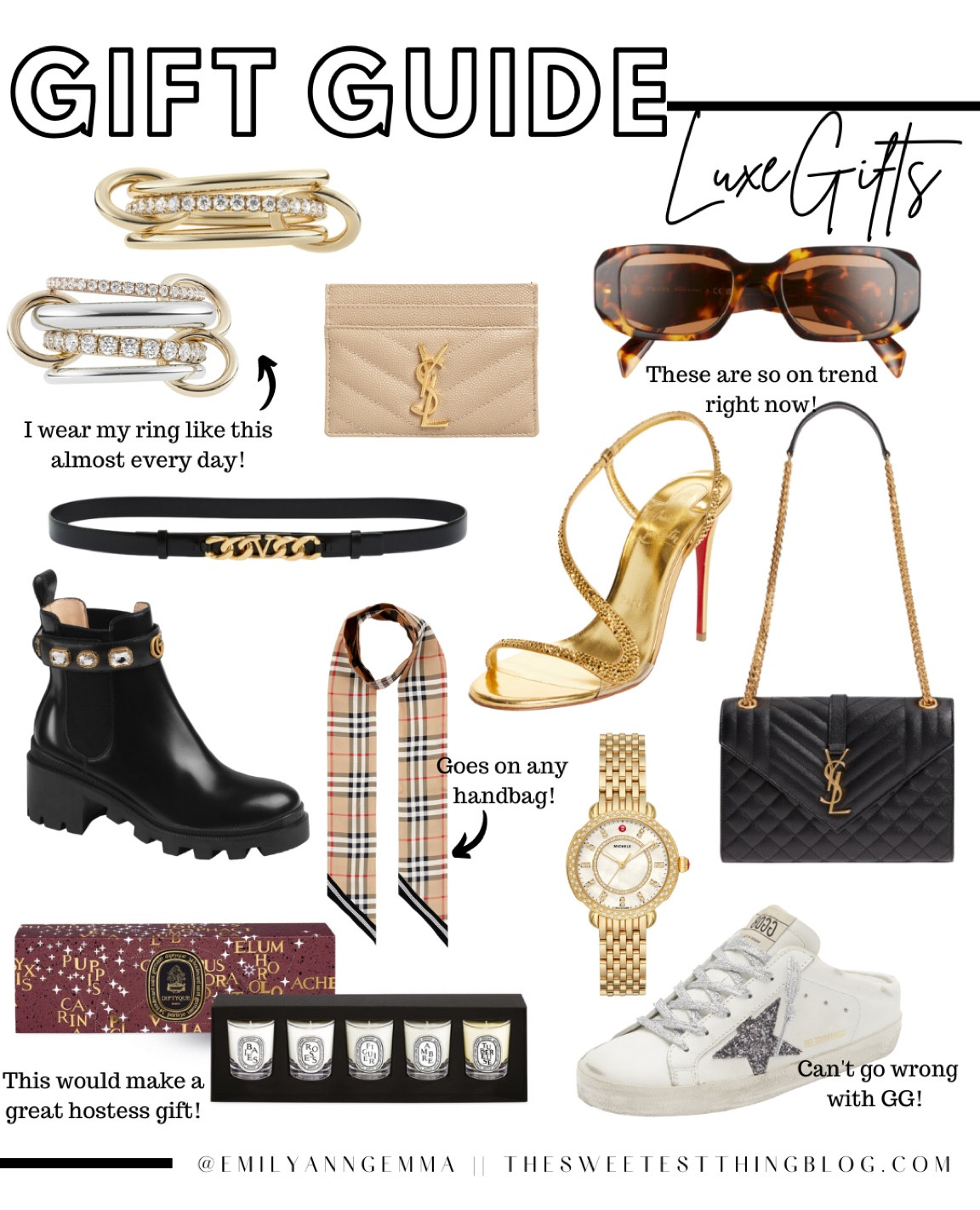 Luxe Gifts, Bougie Gifts, Gifts for her, Gucci, YSL, golden goose, diptyque, Michèle Watch, Burberry, Valentino Belt, Prada sunglasses, Spinelli kilcoin, emily Ann Gemma 

#LTKHoliday #LTKGiftGuide