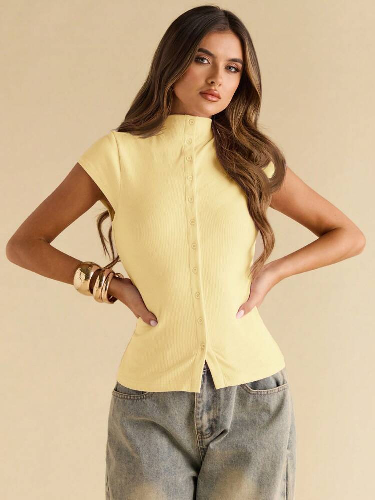 SHEIN BAE Women's Fall Women Solid Color Mock Neck Top Capped Sleeve Single-Breasted Casual Women Top, Button Up Women Jersey Top | SHEIN
