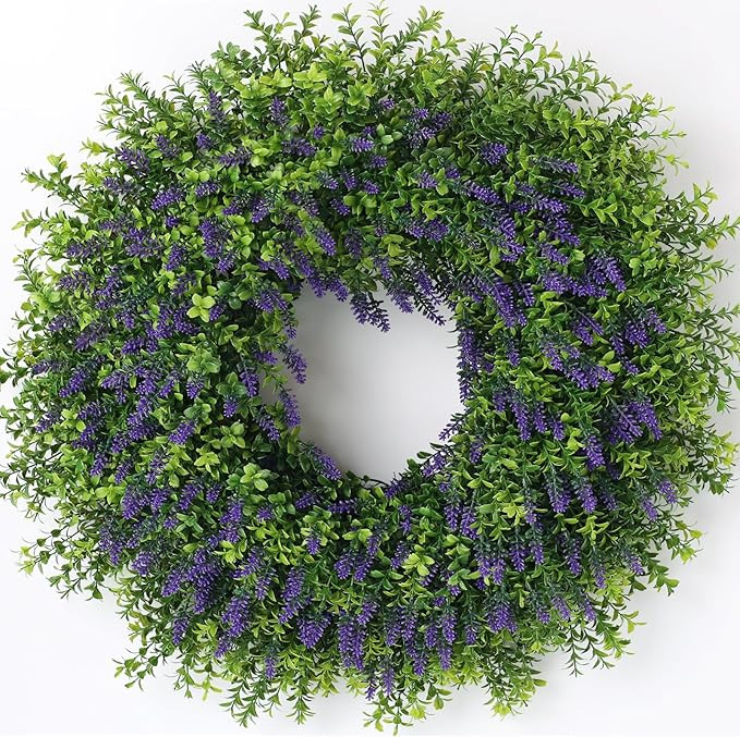 26" Artificial Lavender & Boxwood Wreath for Front Door - Large Faux Purple Greenery Outdoor Wrea... | Amazon (US)