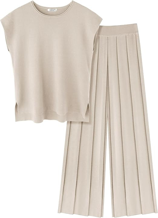 Lounge Sets for Women Two Piece Outfits Knit Cap Sleeve Tops Wide Leg Pleated Pants Casual Dressy... | Amazon (US)