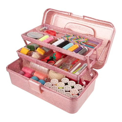 Glitter Pink 3 Layer Craft Storage Box, Pink Tackle Box Organizer for craft tool, Cosmetic Organizer for girls | Amazon (US)