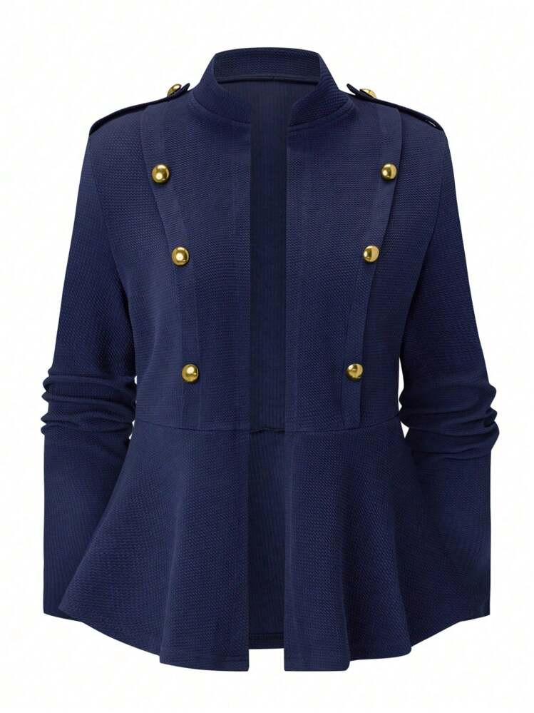 Rometta Plus Size Solid Color Stand Collar Decorated Button Jacket, Spring Autumn Fall Winter Clo... | SHEIN