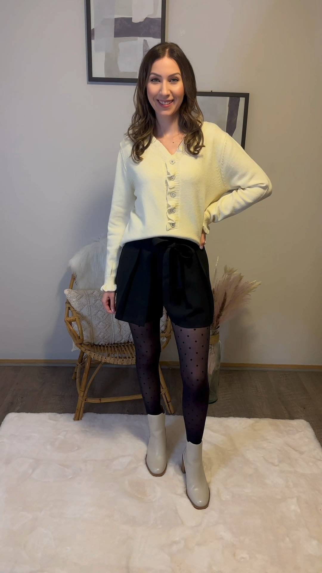 Another way to style this cute button/ruffle sweater. Instead of jeans and mules, paired with shorts, polka dot tights and boots. 🤍

Follow @jenniferxherron for more inspiration ✨

#LTKVideo #LTKfindsunder50 #LTKfindsunder100