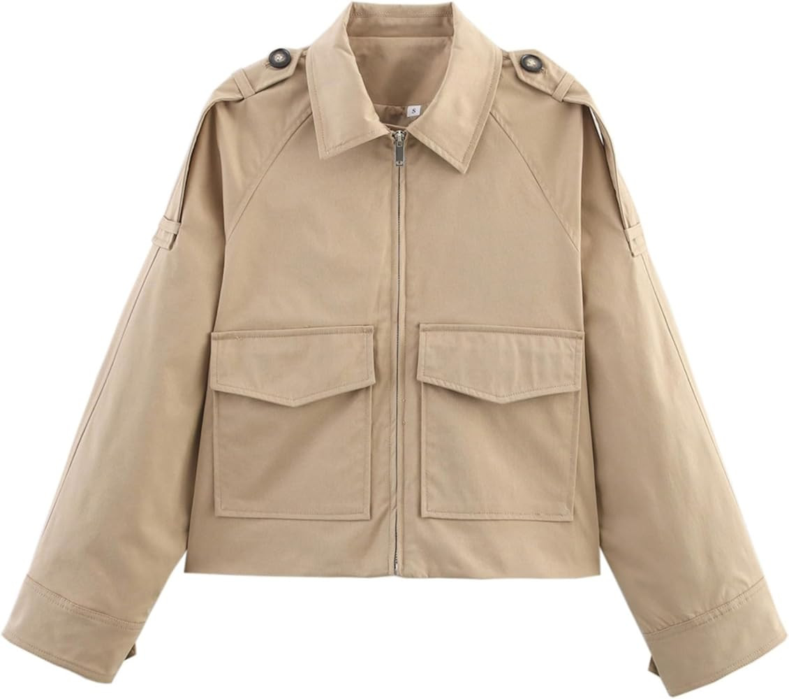 Wanzetaly Women's Cropped Trench Coat Casual Zip Up Jacket Work Jackets with Pockets Outerwear | Amazon (US)