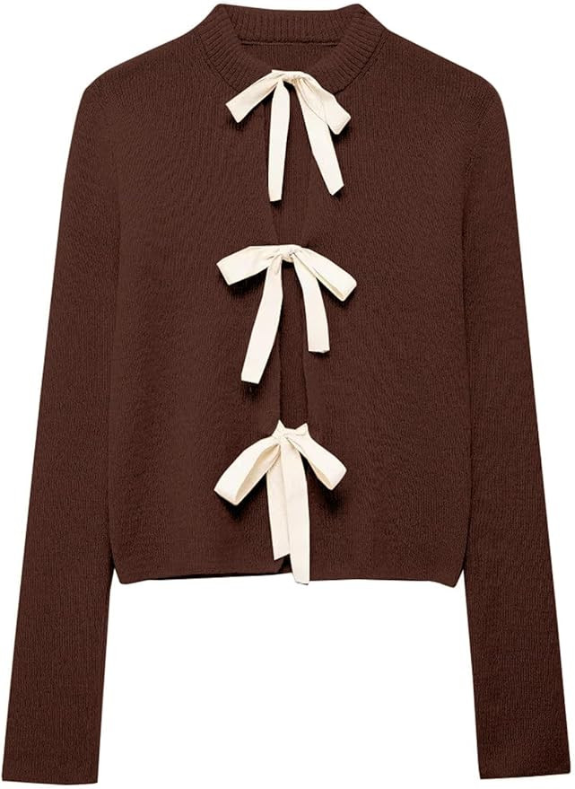 Tie Front Cardigan Sweaters for Women Y2K Bow Tie Open Front Cardigans Crewneck Long Sleeve Sweat... | Amazon (US)