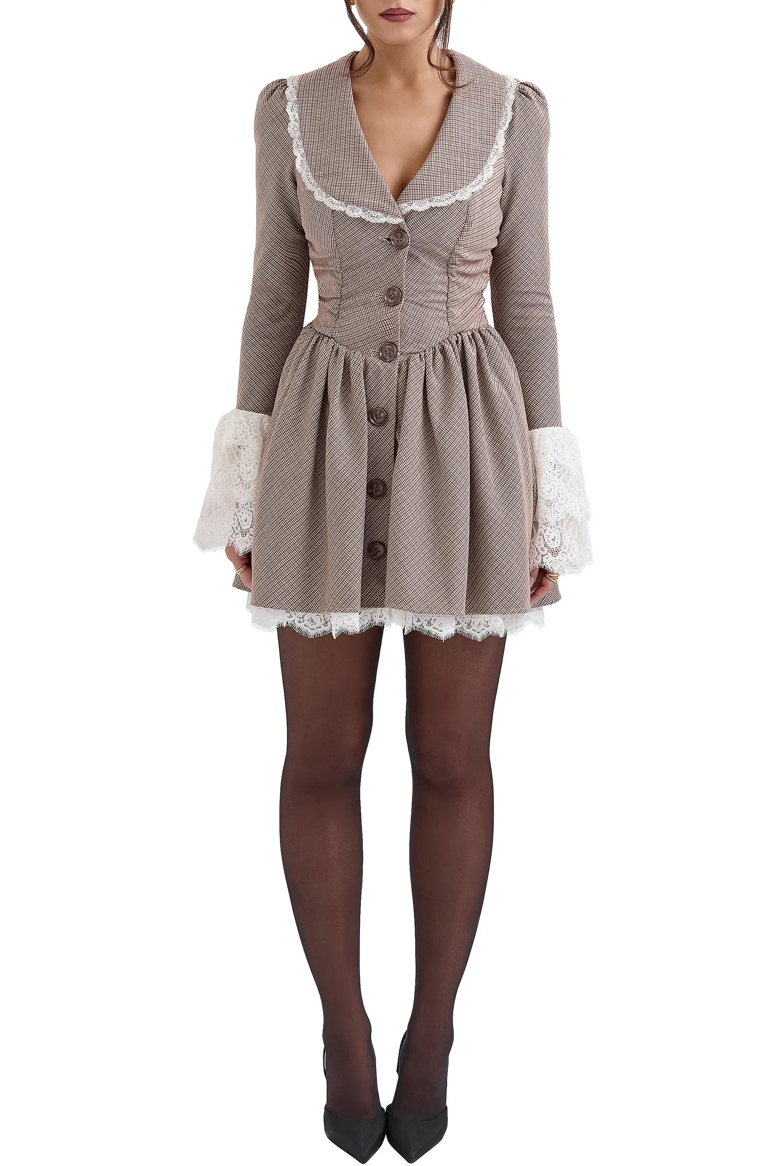 Sable Puppytooth Check Long Sleeve Lace Trim Minidress | Nordstrom