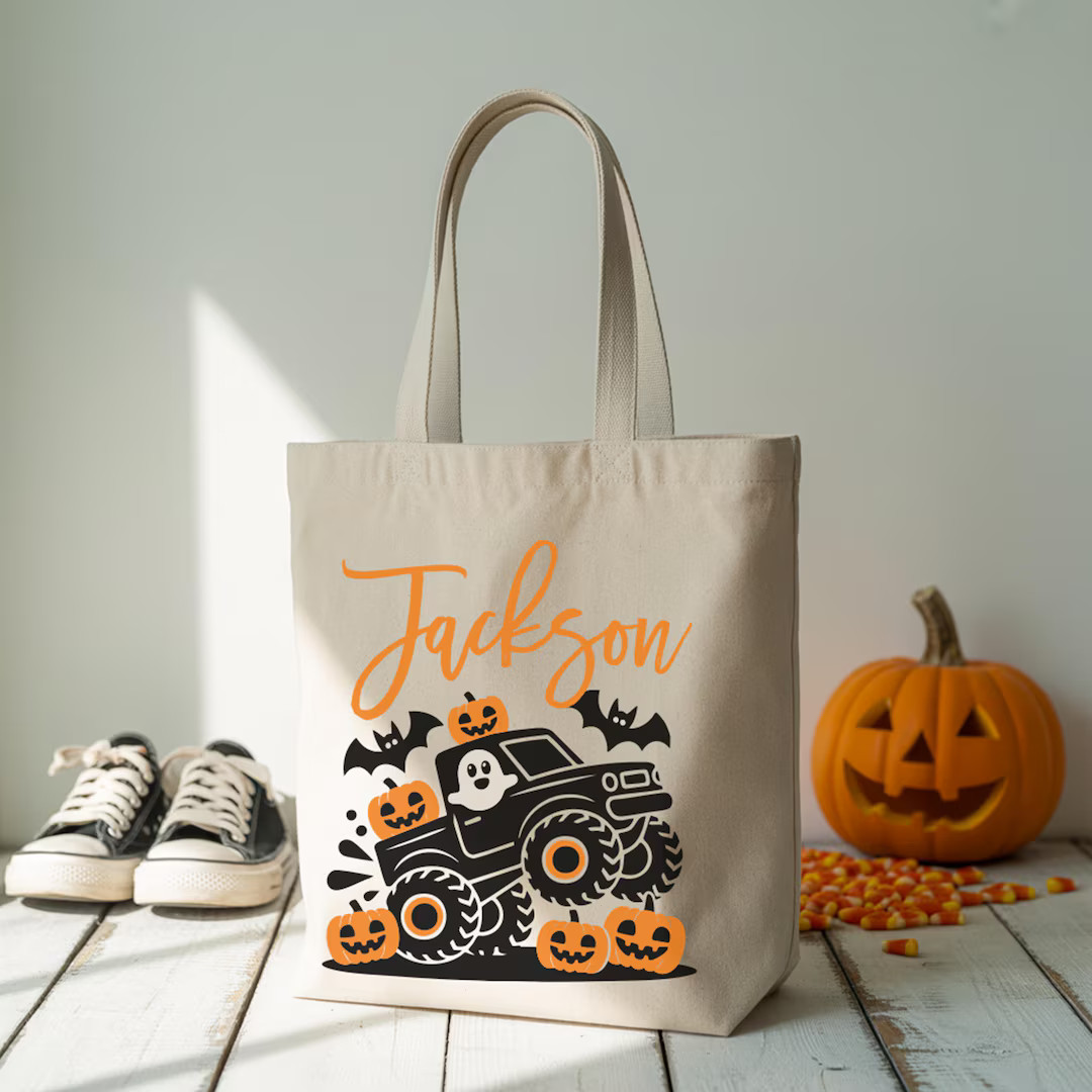 Custom Halloween Kids Canvas Tote Bag, Truck Graphics, Trick or Treat Bag, Personalized Tote, Hal... | Etsy (US)