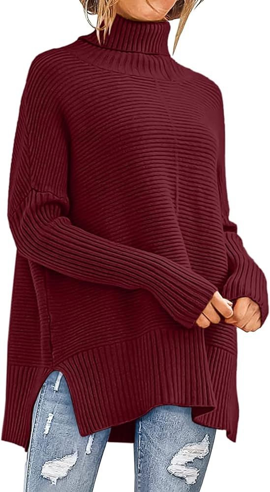 ANRABESS Womens 2022 Fall Sweaters Turtleneck Long Batwing Sleeve Spilt Hem Pullover Knit Sweater To | Amazon (US)