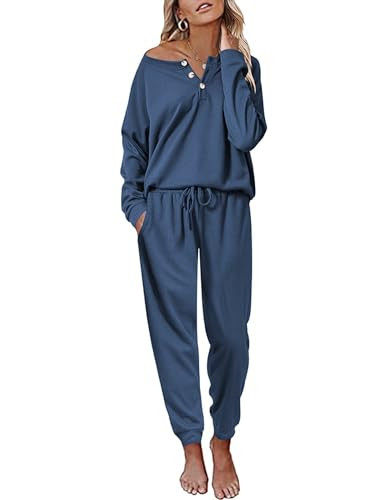 Andeip Women's Waffle Knit Lounge Set Cozy Pajama Sets Long Sleeve Shirt Top and Long Pants PJ Set Navy Blue M | Amazon (US)