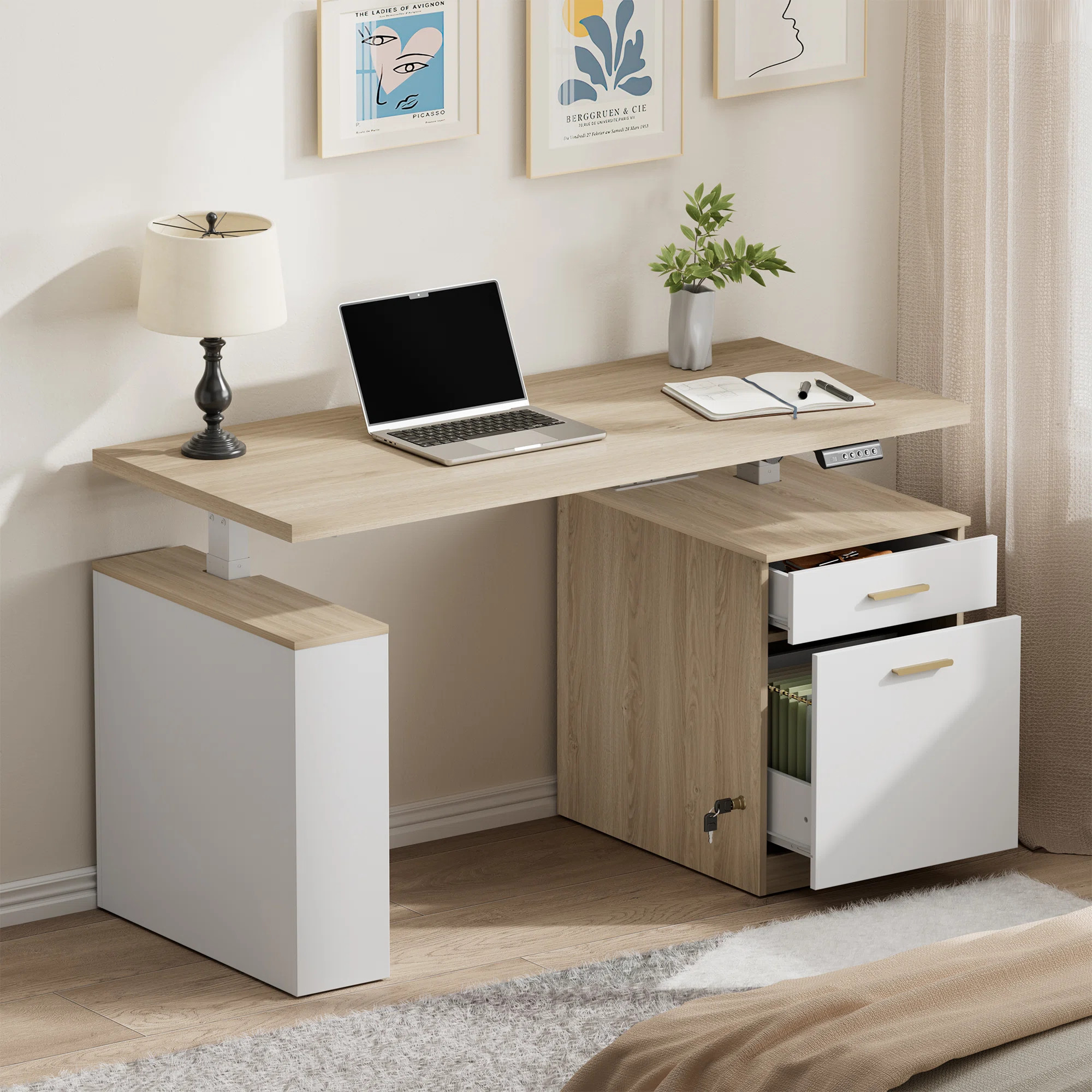 Latitude Run® 53" Electric Height-Adjustable Standing Desk With 2-Drawer & Open Storage, Built-I... | Wayfair North America