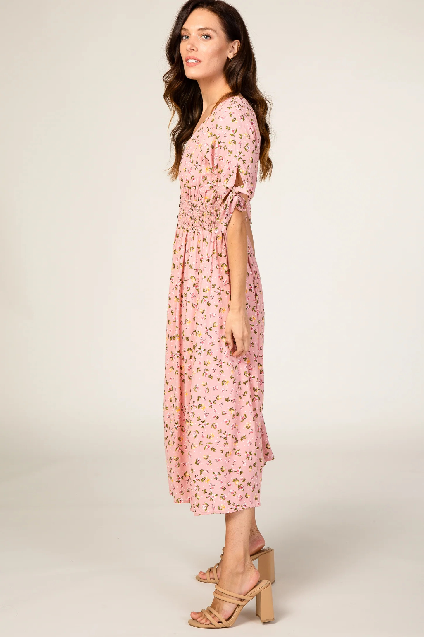 Ivory Floral Tie Sleeve Midi Dress | PinkBlush Maternity