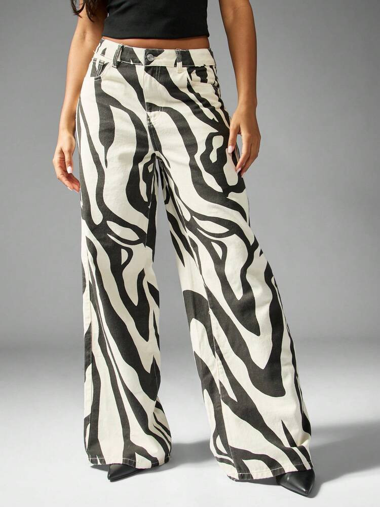 MISSGUIDED Zebra Print Wide Leg Statement Pants High Rise Animal Print Denim Baggy Bottoms Fashion Fall Winter Street Style Contemporary Y2K Jeans | SHEIN