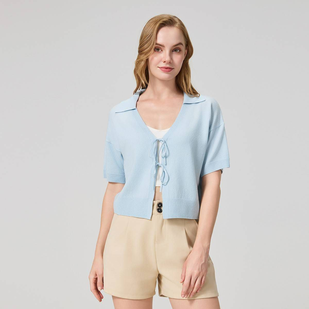 Women's Elbow Sleeve Tie-Front Polo Sweater - A New Day\u2122 Light Blue S | Target