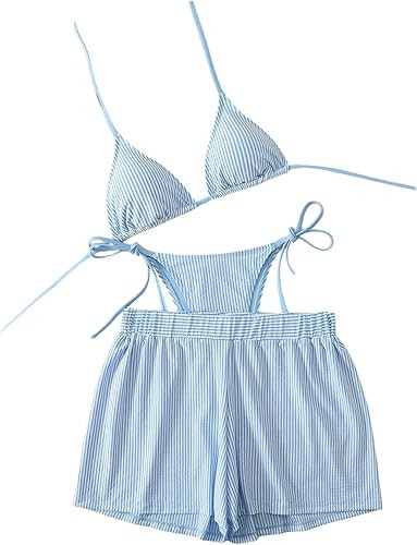 SHENHE Women's 3 Piece Swimsuits Triangle Halter String Bikini Set with Striped Cover Up Shorts | Amazon (US)