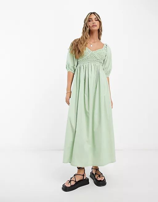 ASOS DESIGN cotton shirred corset midi dress in sage green | ASOS (Global)