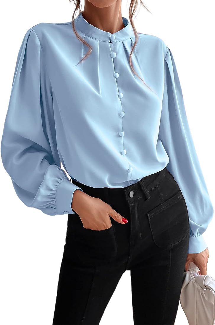 Milumia Women's Elegant Button Down Blouse Long Sleeve Stand Collar Puff Sleeve Top | Amazon (US)