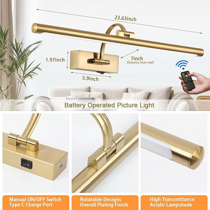 Wireless Picture Lights for Wall Rechargeable, Battery Operated Art Light for Paintings, 3CCT Dim... | Amazon (US)