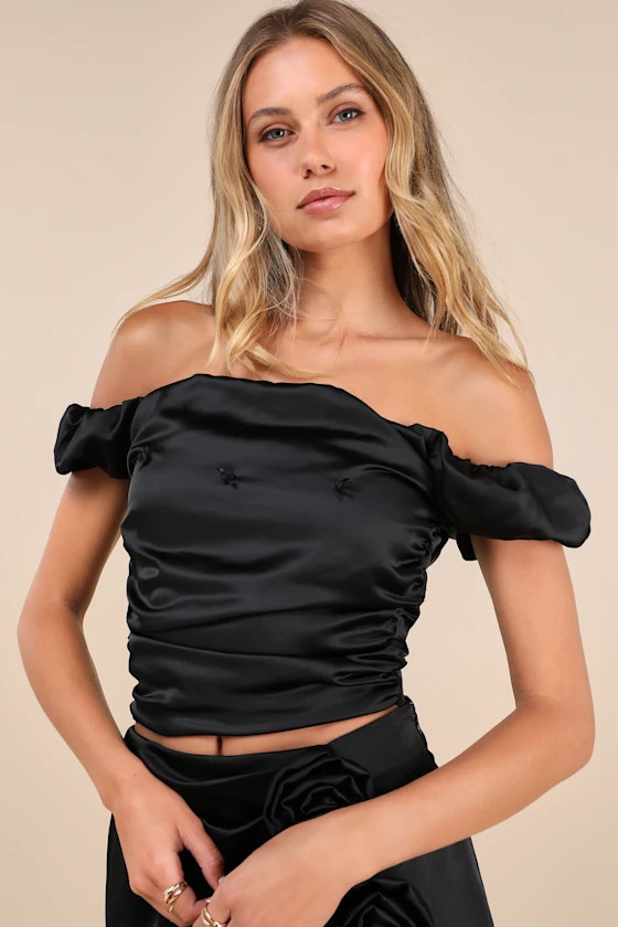 Black Rose Satin Rosette Off-the-Shoulder Puff Sleeve Top | Lulus