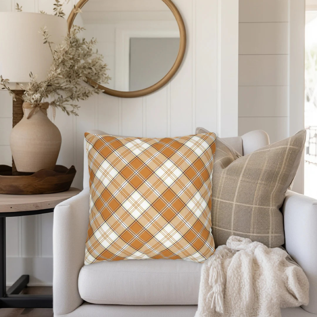 FALL PLAID LIGHT Orange  Cream Square Throw Pillow Cover, Autumn Accent Pillow Covers, 14x14, 16x... | Etsy (US)