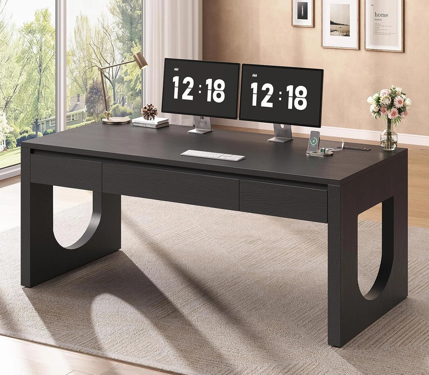 Modern Office Desk With 3 Drawers, 55" Executive Desk With U-shaped Legs | Wayfair North America