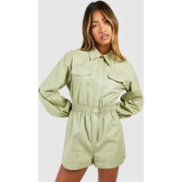 Womens Utility Long Sleeved Romper - Green - 10 | boohoo (US & Canada)