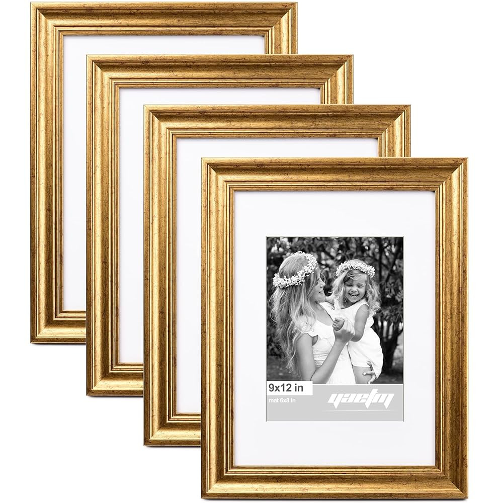 Yaetm Gold 9x12 Picture Frame Matted to 6x8 Set of 4, 1.4” Wide Molding & Rustic Gold Photo Fra... | Amazon (US)