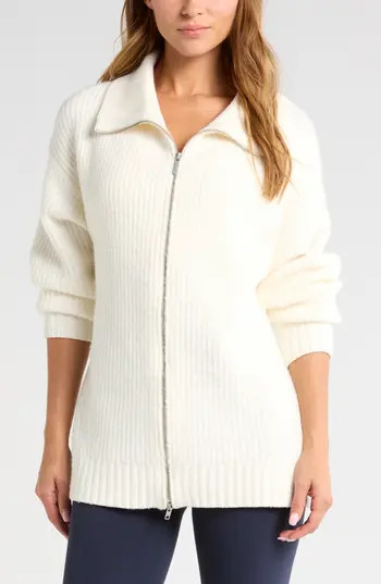 Zella Cozy Knit Zip-Up Cardigan in Ivory Egret at Nordstrom Rack, Size X-Small | Nordstrom Rack