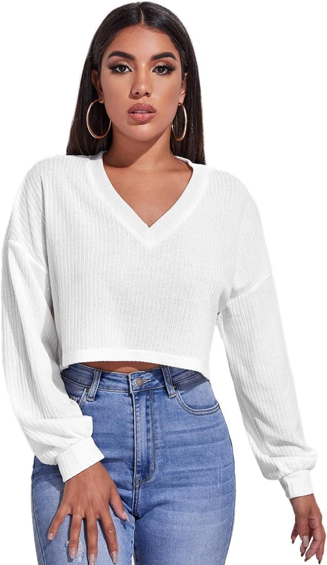 SheIn Women's Pullover Cropped Tshirt Long Sleeve V Neck Casual Crop Tops White Small at Amazon W... | Amazon (US)