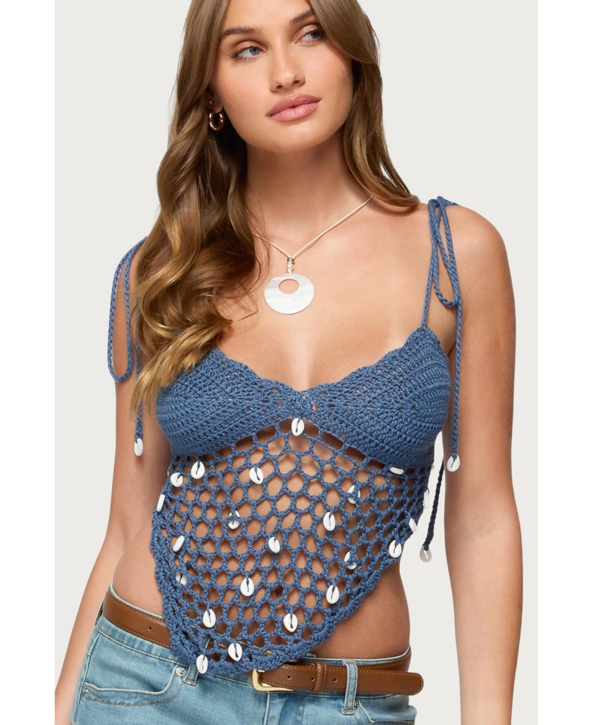 Edikted Women's Shelley Asymmetric Crochet Top - Blue | Macy's