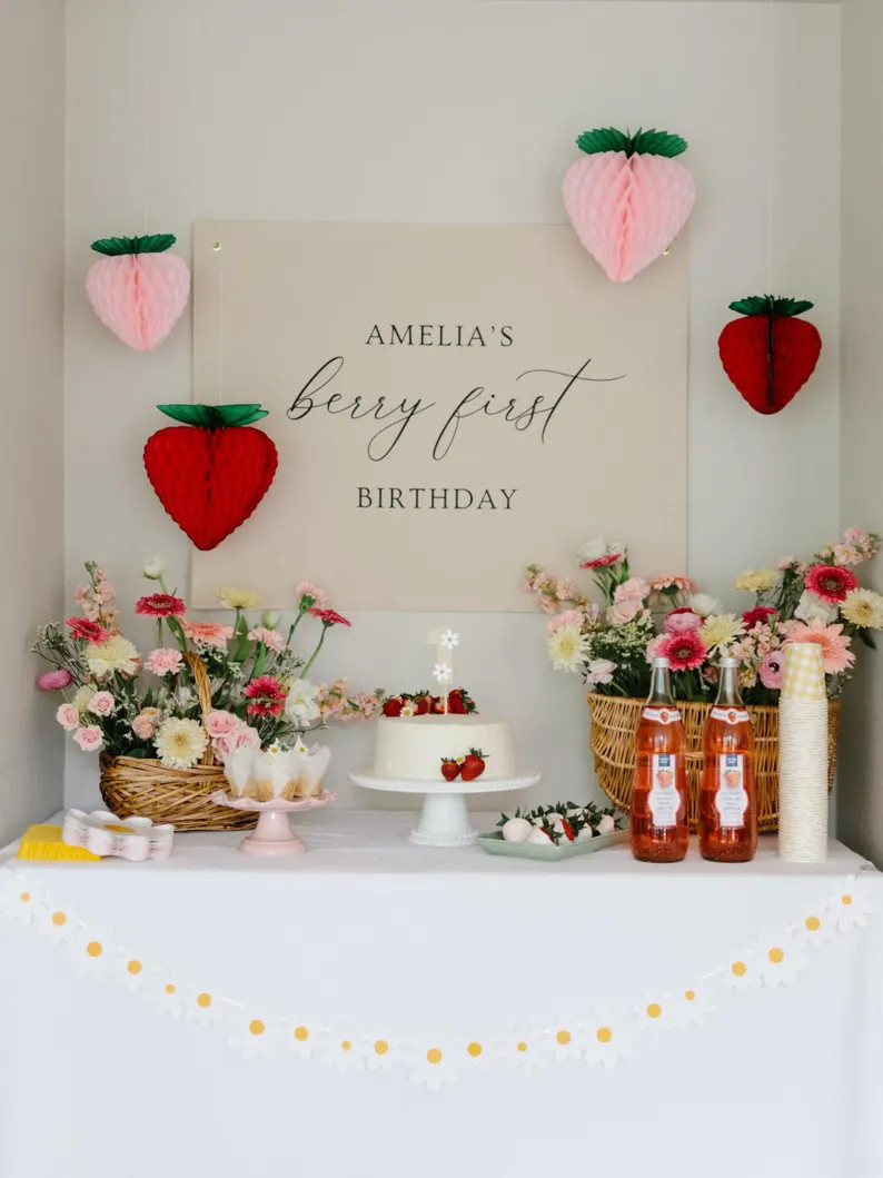 Berry First Birthday Banner, Strawberry Birthday Banner, First Birthday Fabric Backdrop, Strawber... | Etsy (US)