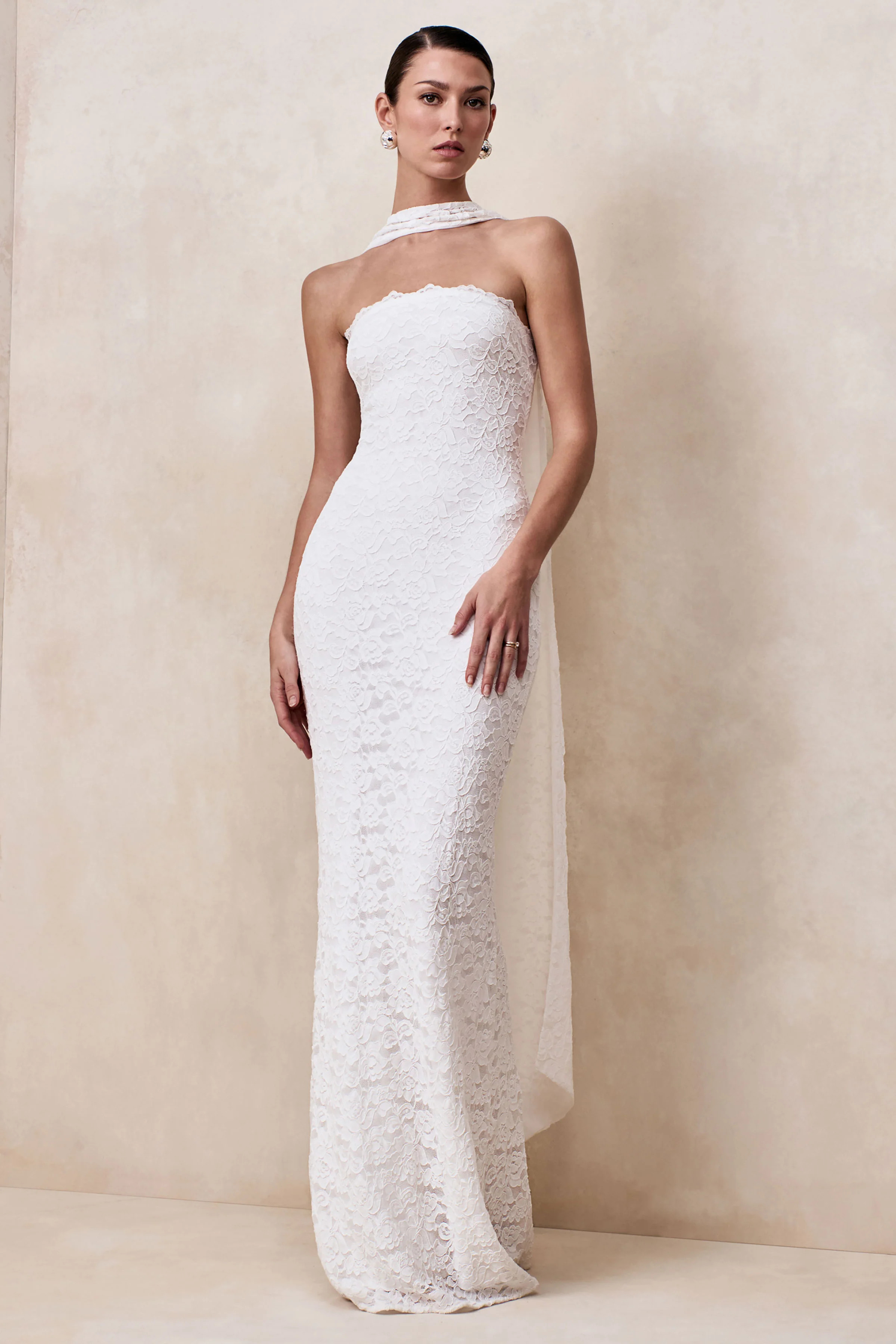 Massima | White Lace Bandeau Maxi Dress With Scarf-Detail | Club L London