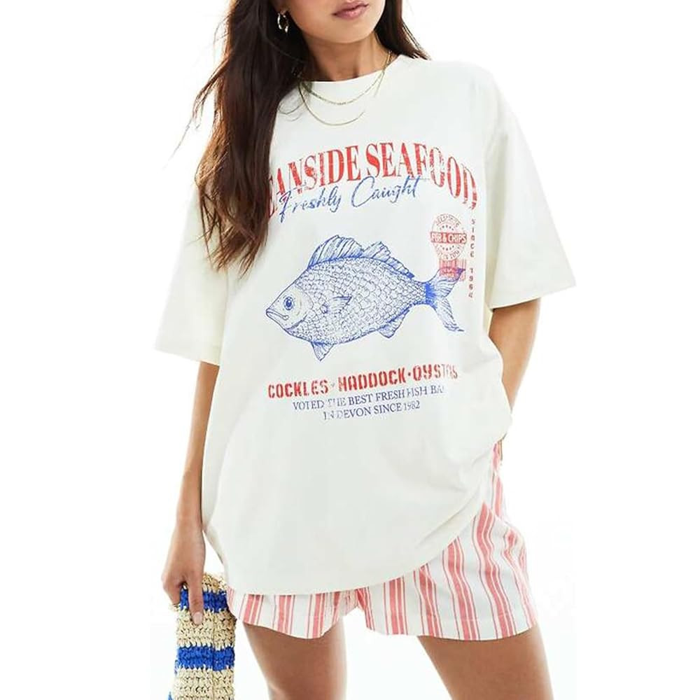 Women Cute Graphic Oversized Tees Fish Lobster Printed Y2K Baggy T Shirts Teen Girls Preppy Vinta... | Amazon (US)