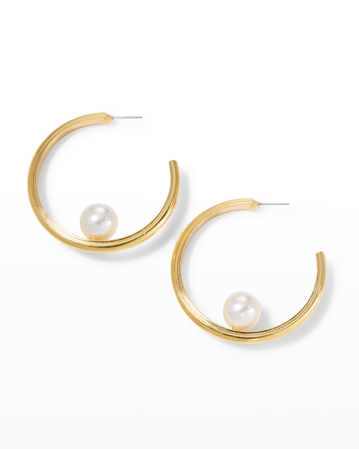 Small Gold Post Hoop Earrings with 12mm Pearly Ball | Neiman Marcus