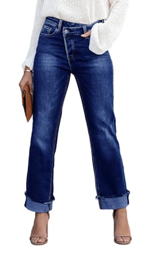 Cicy Bell Womens High Waisted Crossover Jeans 2024 Straight Leg Stretch Casual Cuffed Denim Pants Navy | Amazon (US)