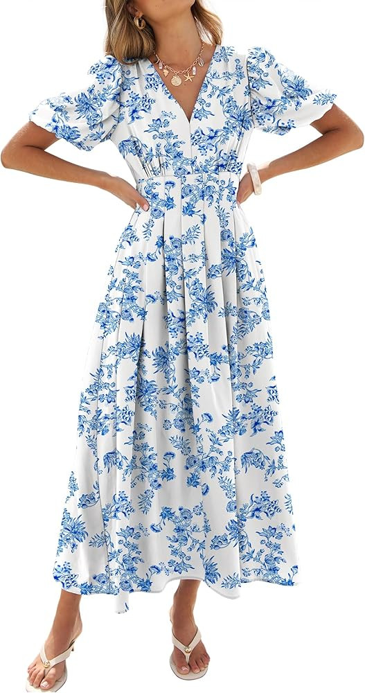 Caracilia Womens Short Puff Sleeve Maxi Dress Boho Floral A Line V Neck Spring Summer Formal Wedd... | Amazon (US)