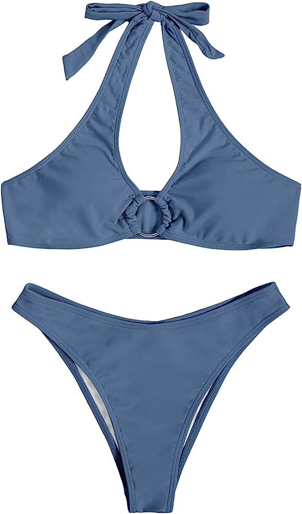 SweatyRocks Women's 2 Piece Swimsuit Solid Halter High Cut Bikini Bathing Suit | Amazon (US)