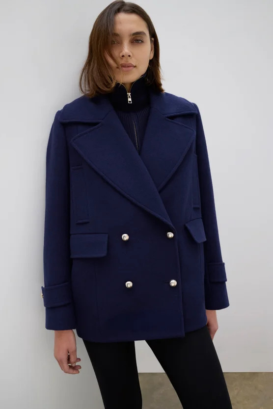 Wool Detachable Knitted Neck Tailored Double Breasted Pea Coat | Karen Millen UK + IE + DE + NL