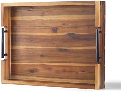 Ottoman Tray, 16.5"x12.5" Acacia Wood Serving Tray with Black Metal Handles, Great for Ottoman Tr... | Amazon (US)