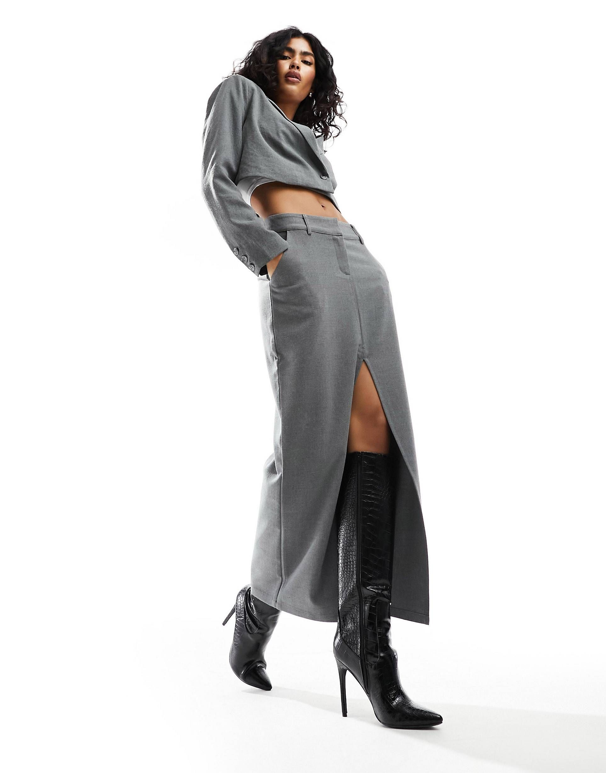 Pretty Lavish tailored maxi skirt co-ord in grey melange | ASOS (Global)