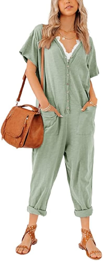 Aoysky Oversize Women's Onesies Button Up Jumpsuit Casual Loose Short Sleeve V Neck Onesies Rompers  | Amazon (US)