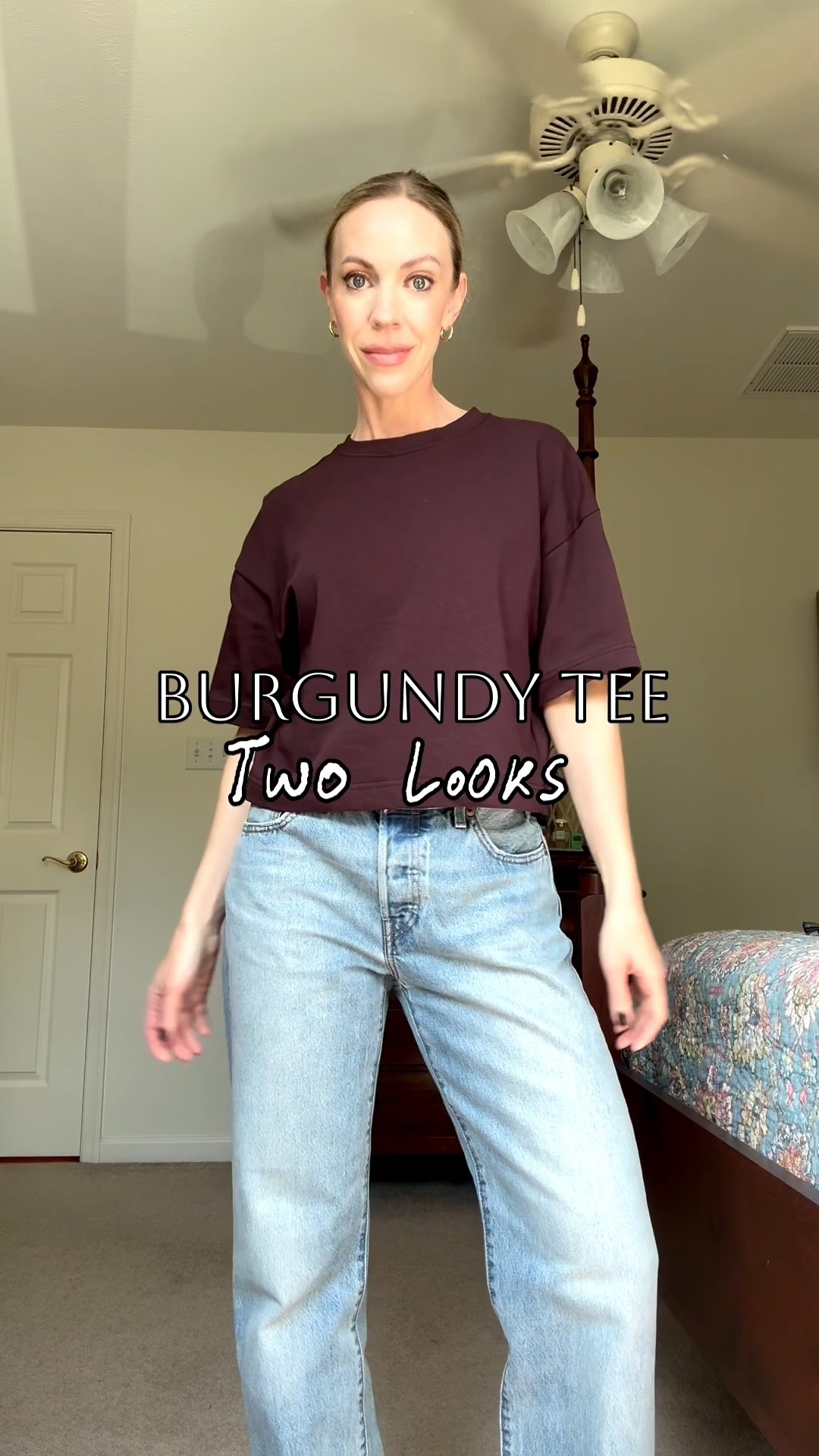 Two transitional outfits with burgundy cropped tee - easy to dress up or down and under $13

#LTKSeasonal #LTKgrwm #LTKOver40
