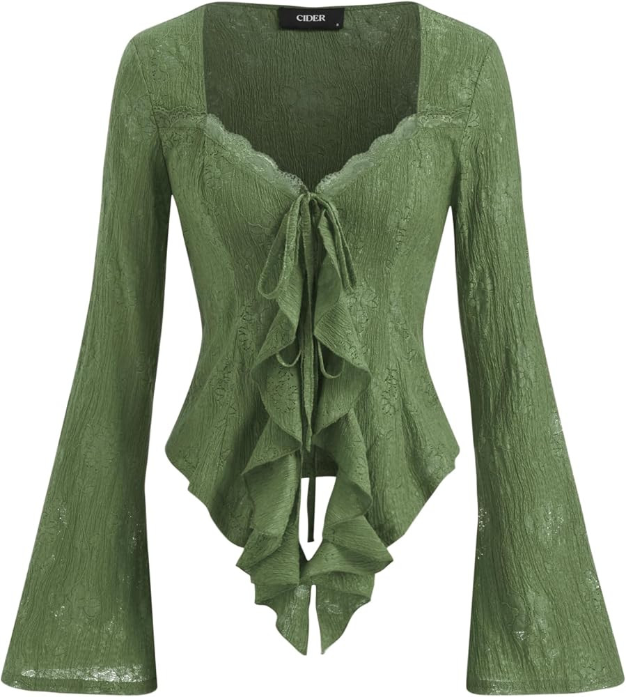 CIDER Women Going Out Tops Mesh Lace Y2k Long Sleeve Tie Front Top | Amazon (US)
